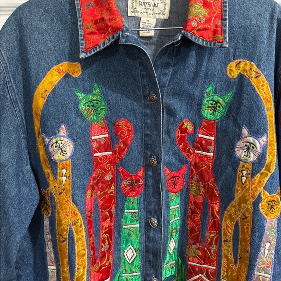Vintage Tantrums Cats Blue Red Artistic Embroidered Unique Jean Jacket - Picture 2 of 5